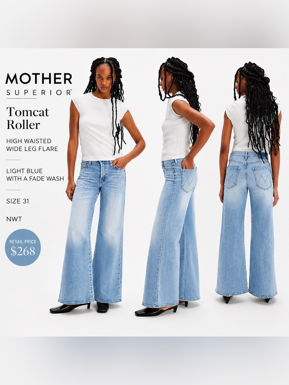 MOTHER  Superior The Tomcat Roller High Rise Wide Leg Jeans/faded wash 31 NWT